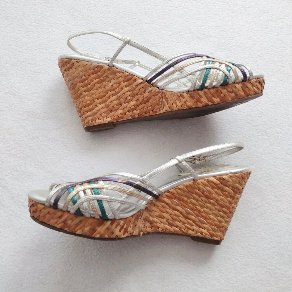 Connie Metallic Strappy Slingback Wedge 8.5 M Silver Straw Sandals - Picture 1 of 11